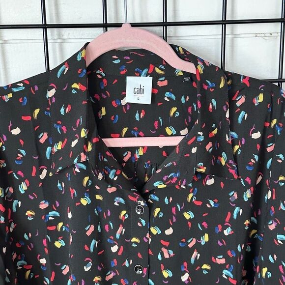 CAbi‎ Ferris Button Down Blouse Womens L Black Multi Color Rainbow - Picture 3 of 10